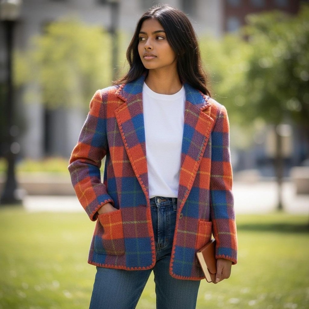 Vintage Diane Dickinson Wool Blazer Sz 12 Multicolor 80s Plaid Retro Jacket Chic
